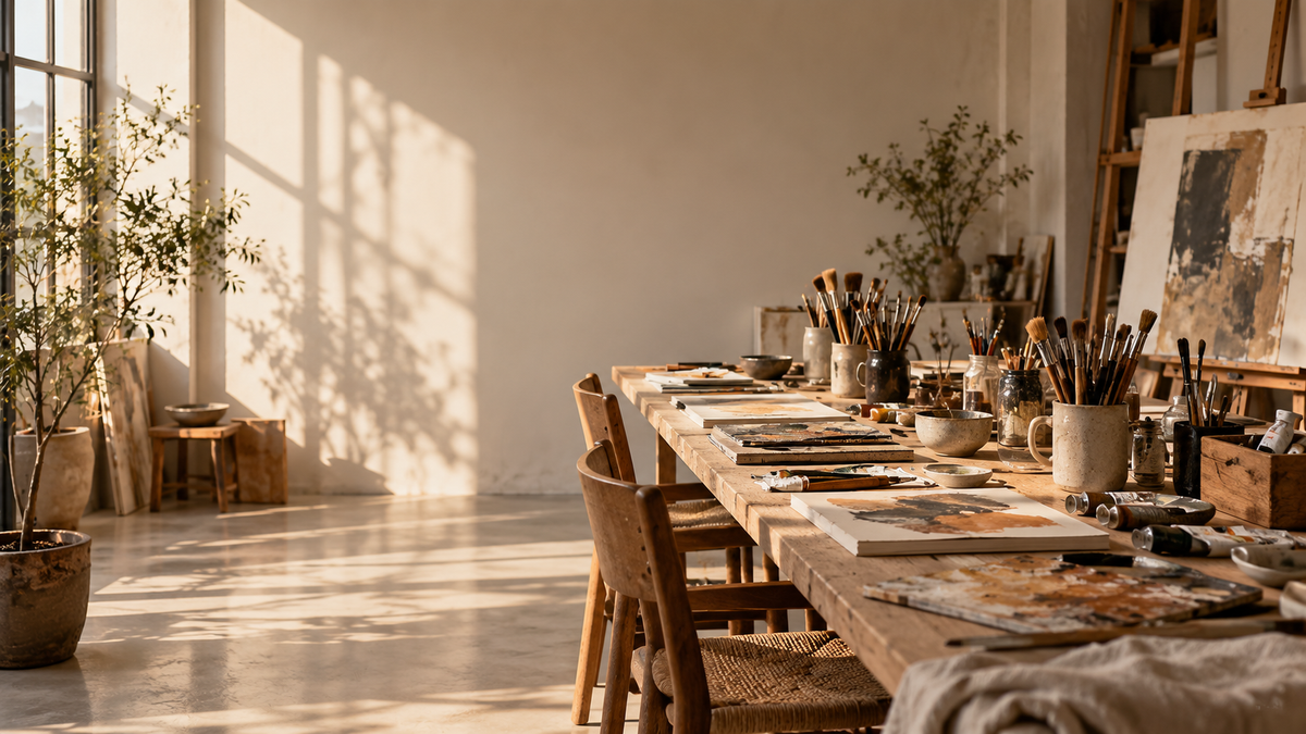 A sunlit studio: a long wooden table with brushes, paints and canvases